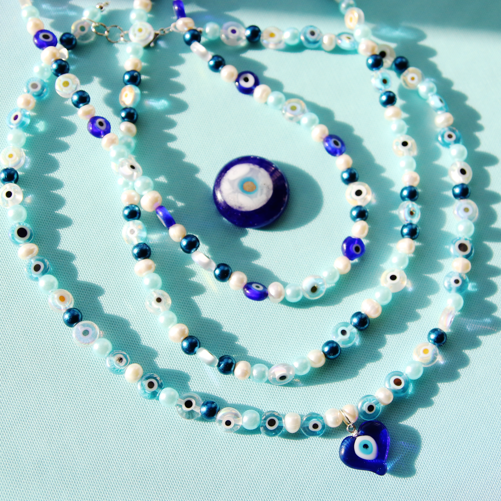 Glass Heart and Pearl Evil Eye Hand Beaded Necklace