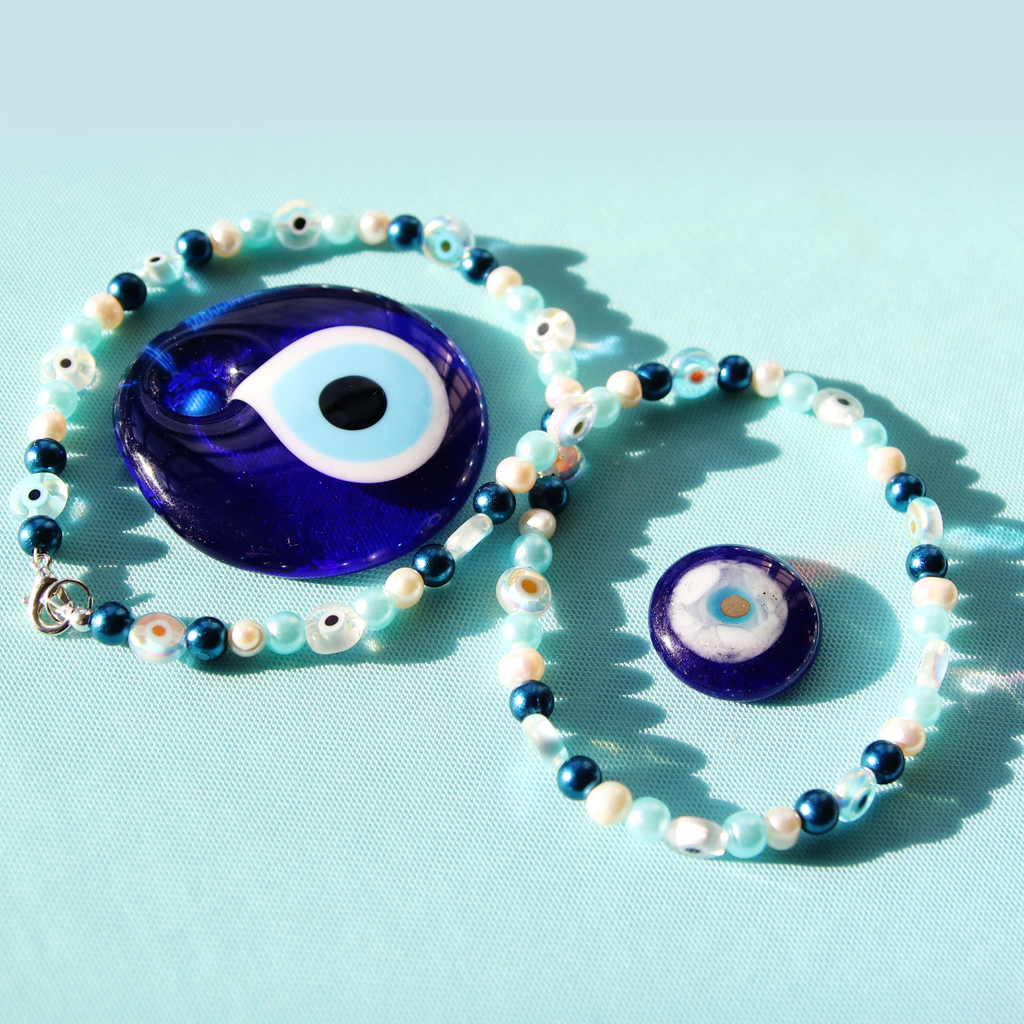 Glass Evil Eye and Pearl Turqoise Blue and White Hand Beaded Necklace