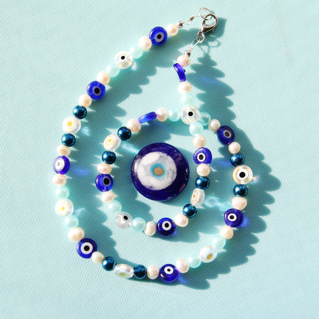 Glass Evil Eye and Pearl Royal Blue and White Hand Beaded Necklace
