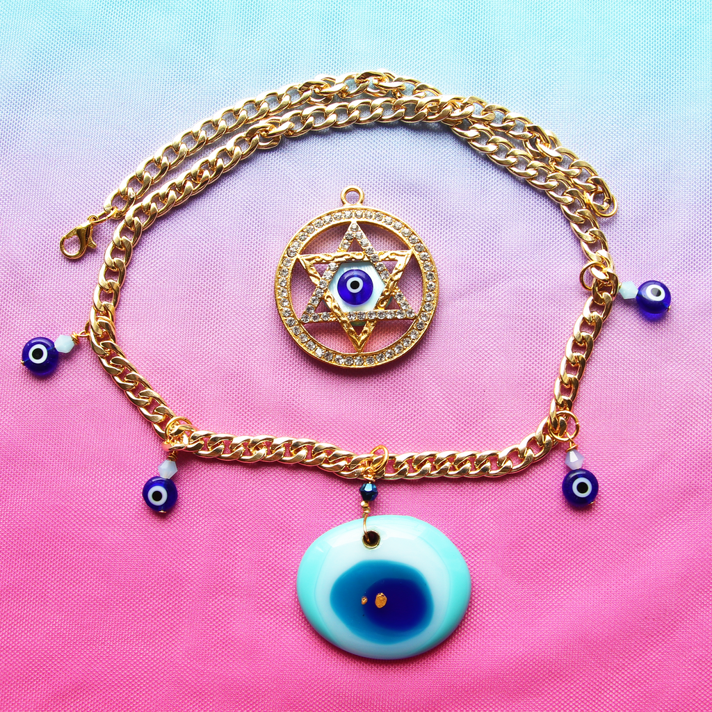 Tranquil Turqoise Gold and Glass Evil Eye Protective Statement Necklace