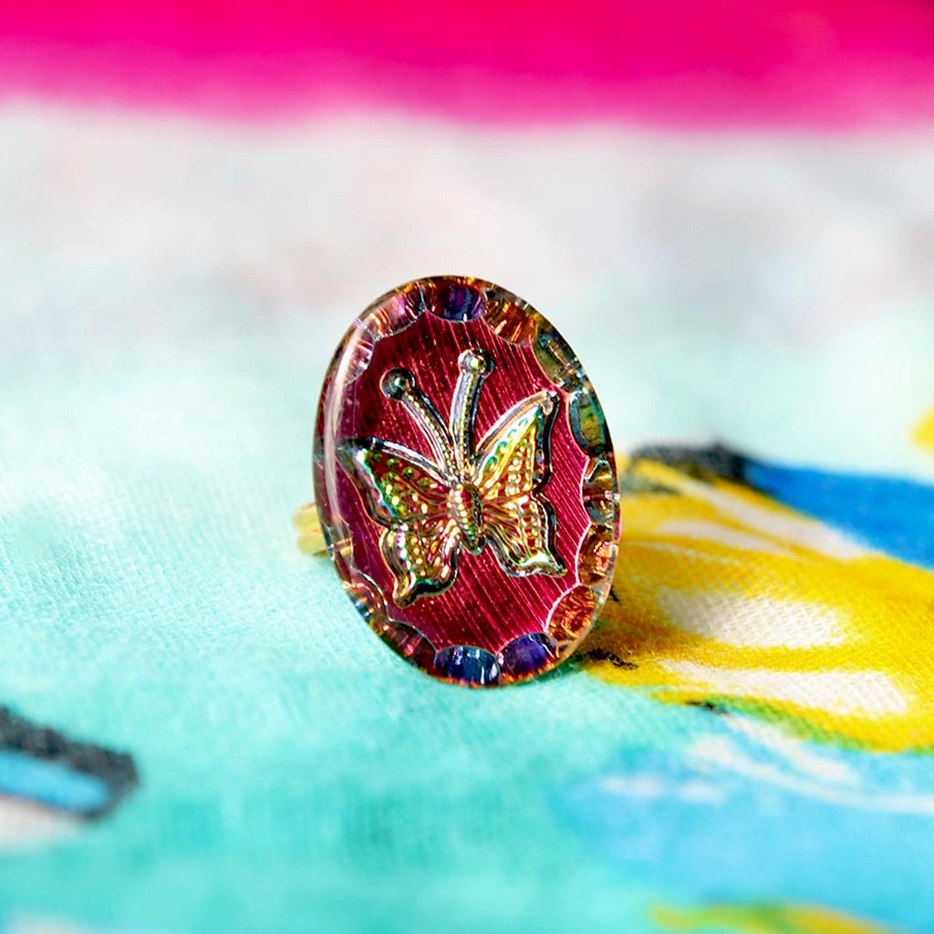 Iridescent Pink Rainbow Glass Butterfly Statement Ring