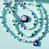 Royal Blue Glass Heart and Pearl Evil Eye Hand Beaded Necklace