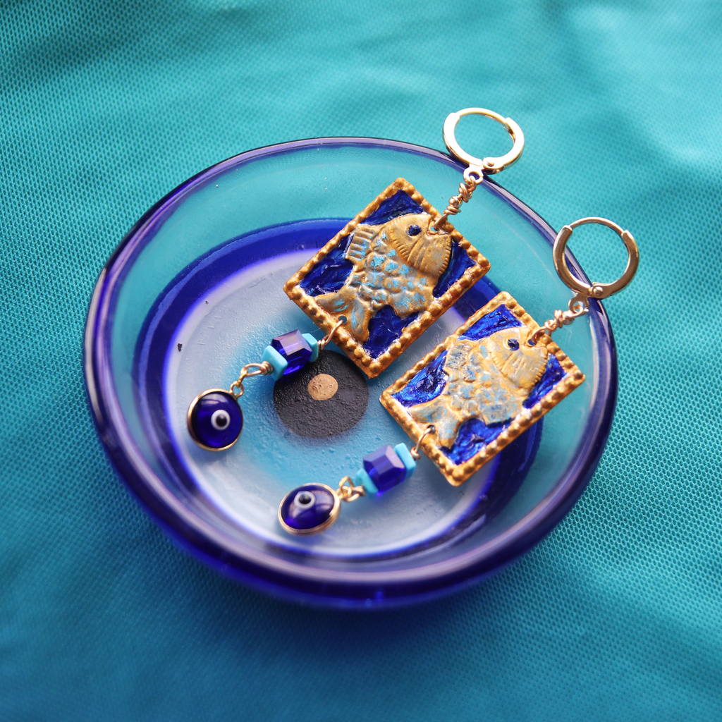 Regal Medieval Blue and Gold Fish Earrings