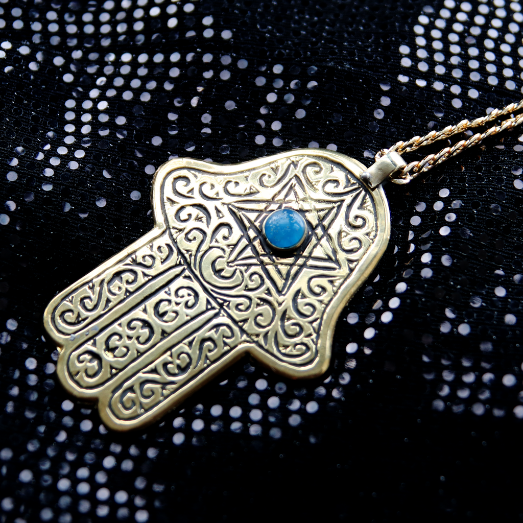 Engraved Blue Stone Brass Magen David Hamsa Necklace