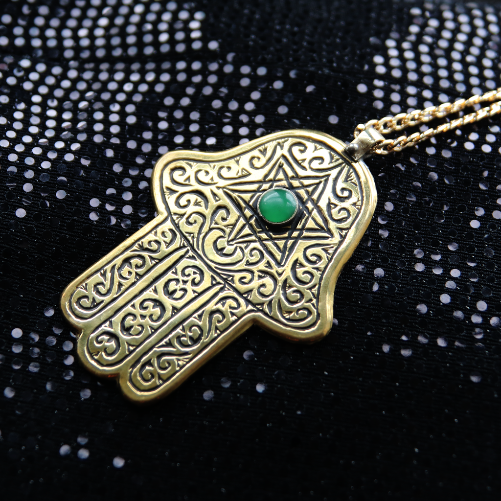 Engraved Green Stone Brass Magen David Hamsa Necklace
