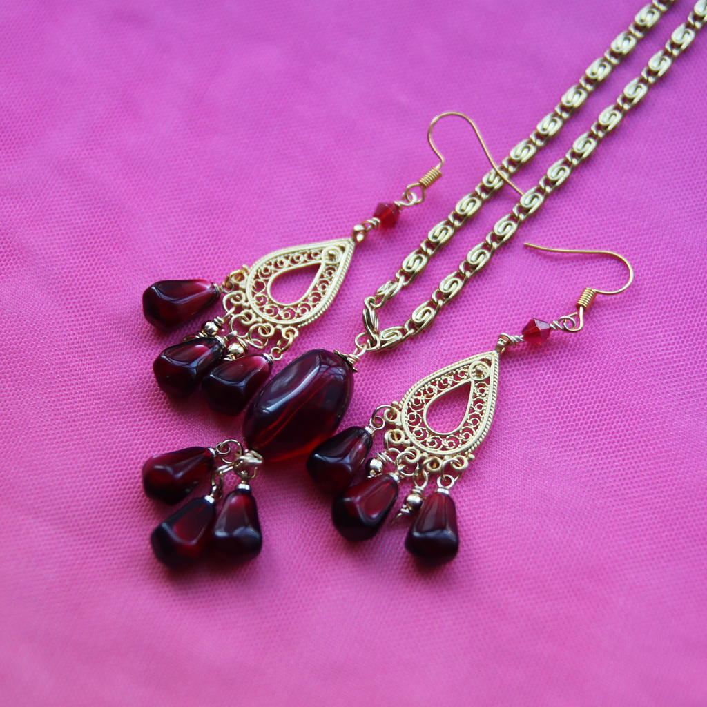 Filigree Fig Pom Seed Drop Earrings