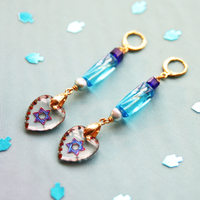 Iridescent Glass Heart Magen David Amulet Beaded Statement Earrings
