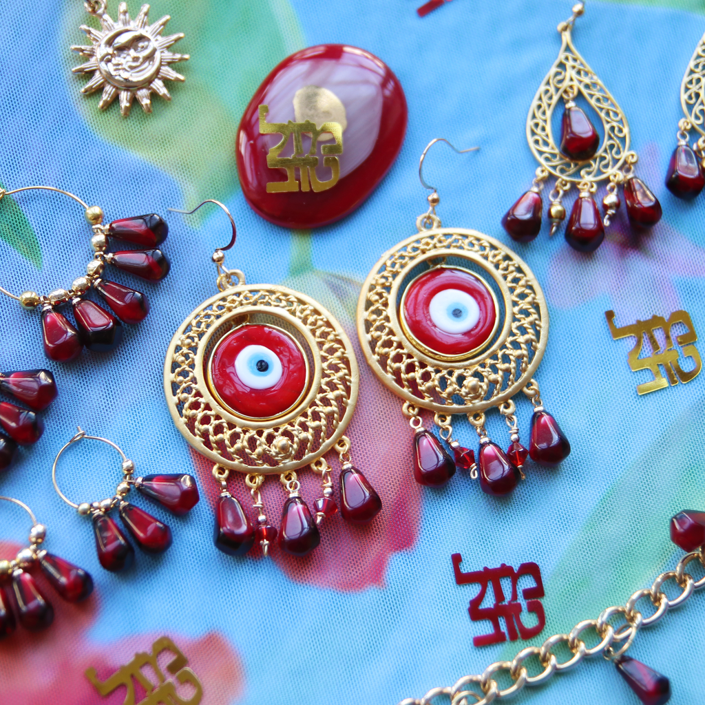 Cosmic Gateway Gold and Red Evil Eye Pom Seed Statement Earrings