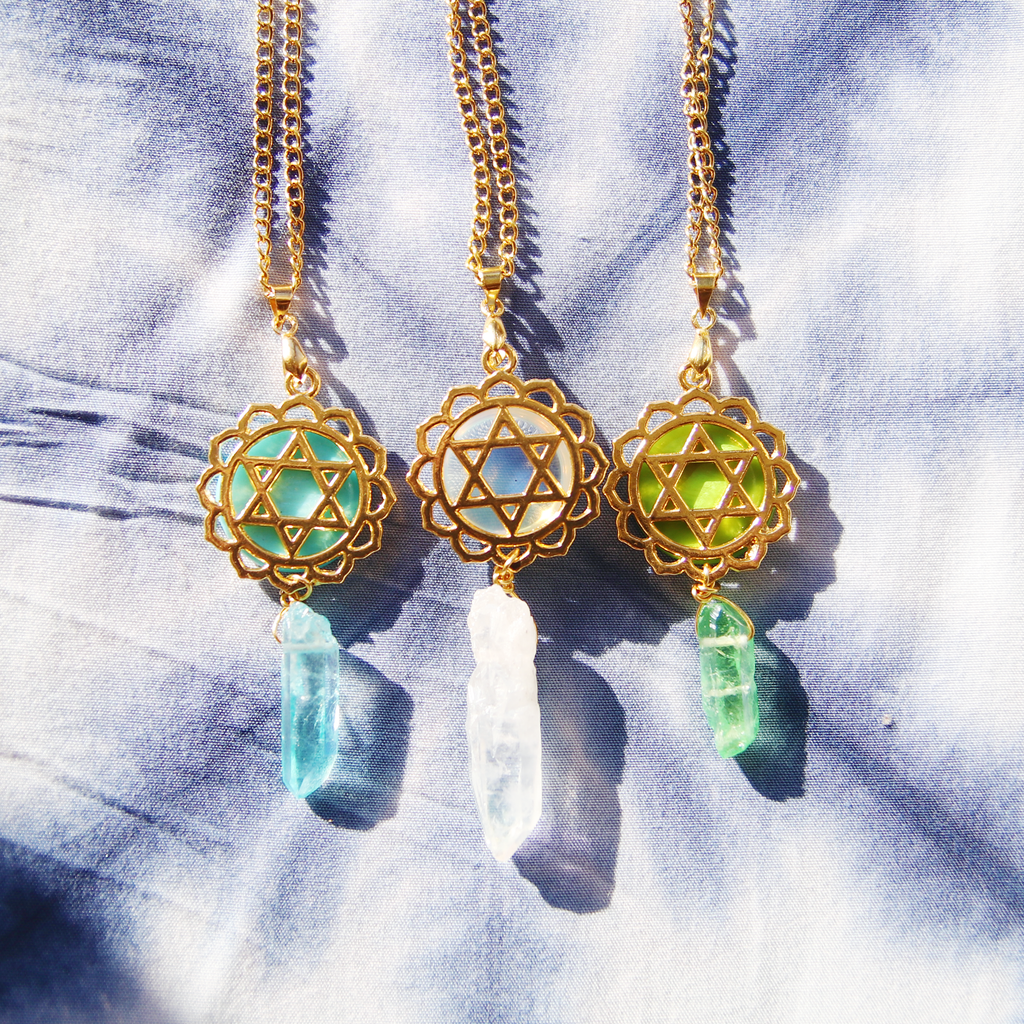 Opal and Ice Reversible Gold Floral Magen David Necklace