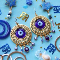 Cosmic Gateway Gold and Royal Blue Evil Eye Statement Earrings