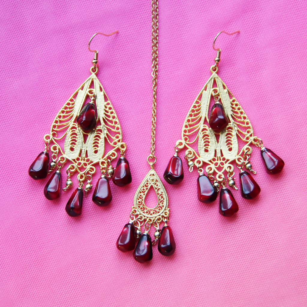 Honeycomb Filigree Pomegranate Seed Statement Earrings (Made to Order)