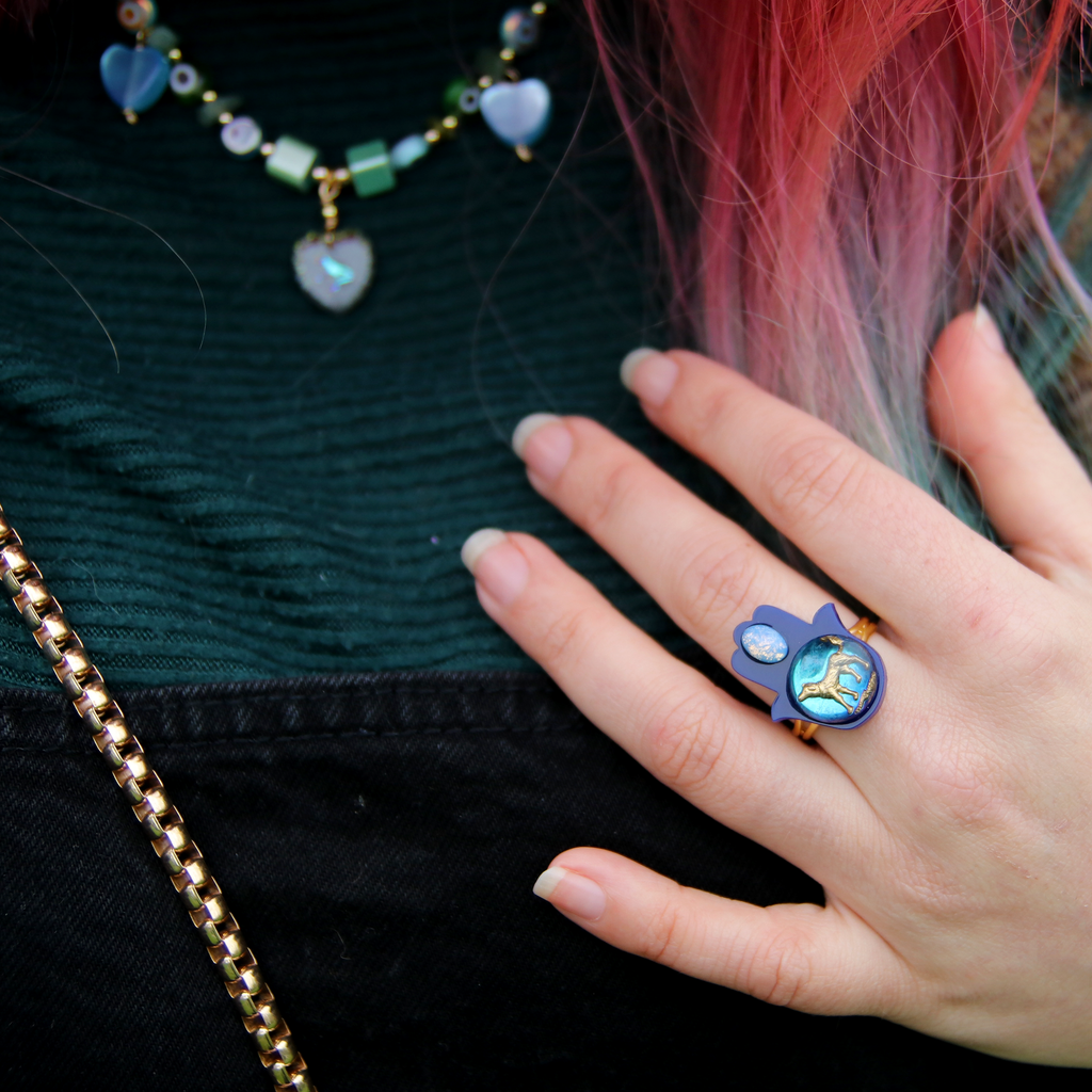 Howling at an Opal Moon Midnight Blue Dog Hamsa Ring