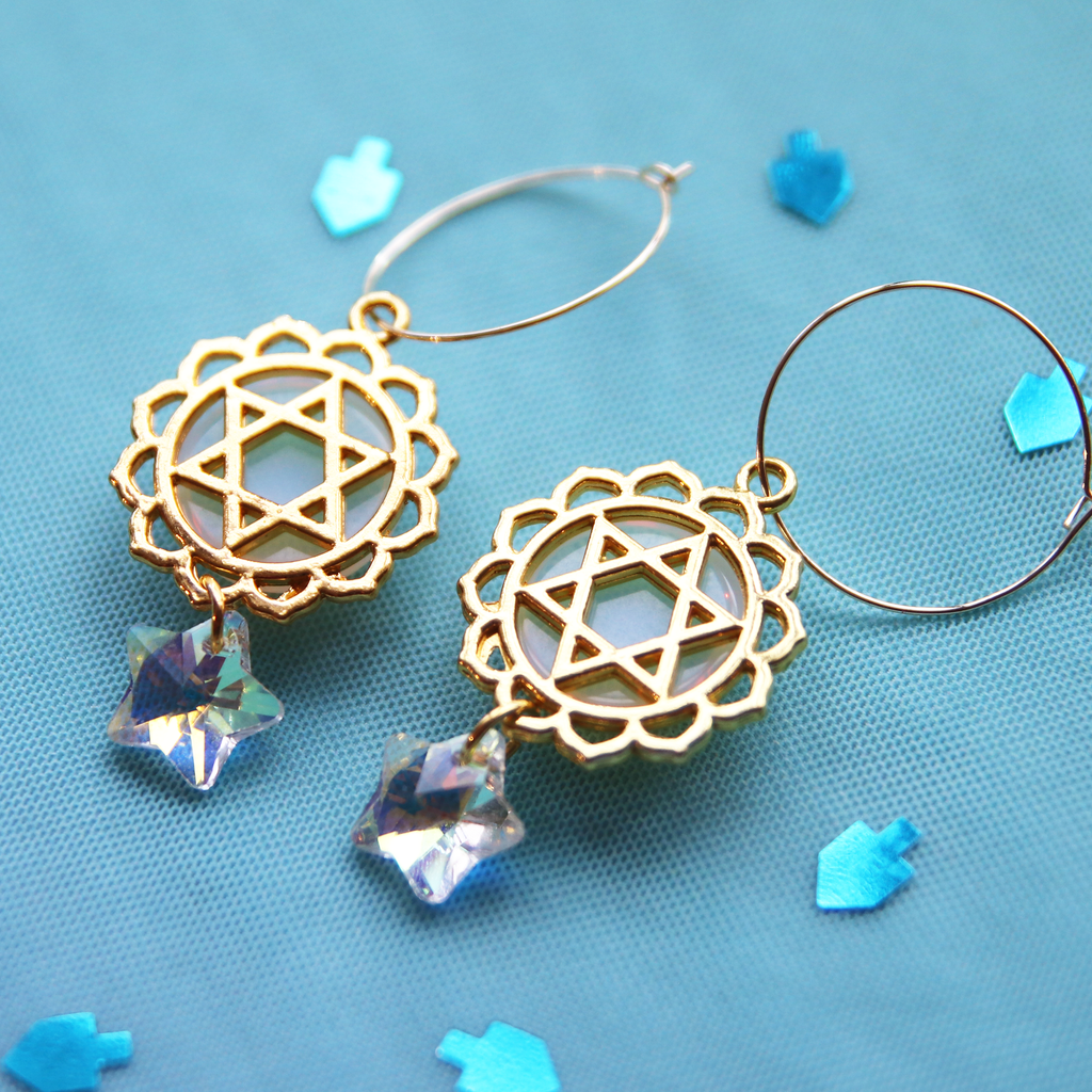 Iridescent Opal and Ice Crystal Star Reversible Gold Magen David Earrings