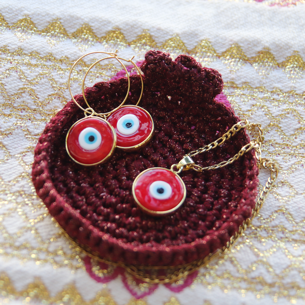 Red and Gold Evil Eye Hoop Earrings