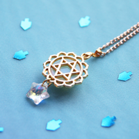 Iridescent Opal and Ice Crystal Star Reversible Gold Magen David Necklace