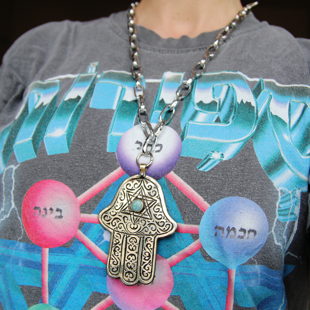 Engraved Blue Stone Silver Magen David Hamsa Necklace