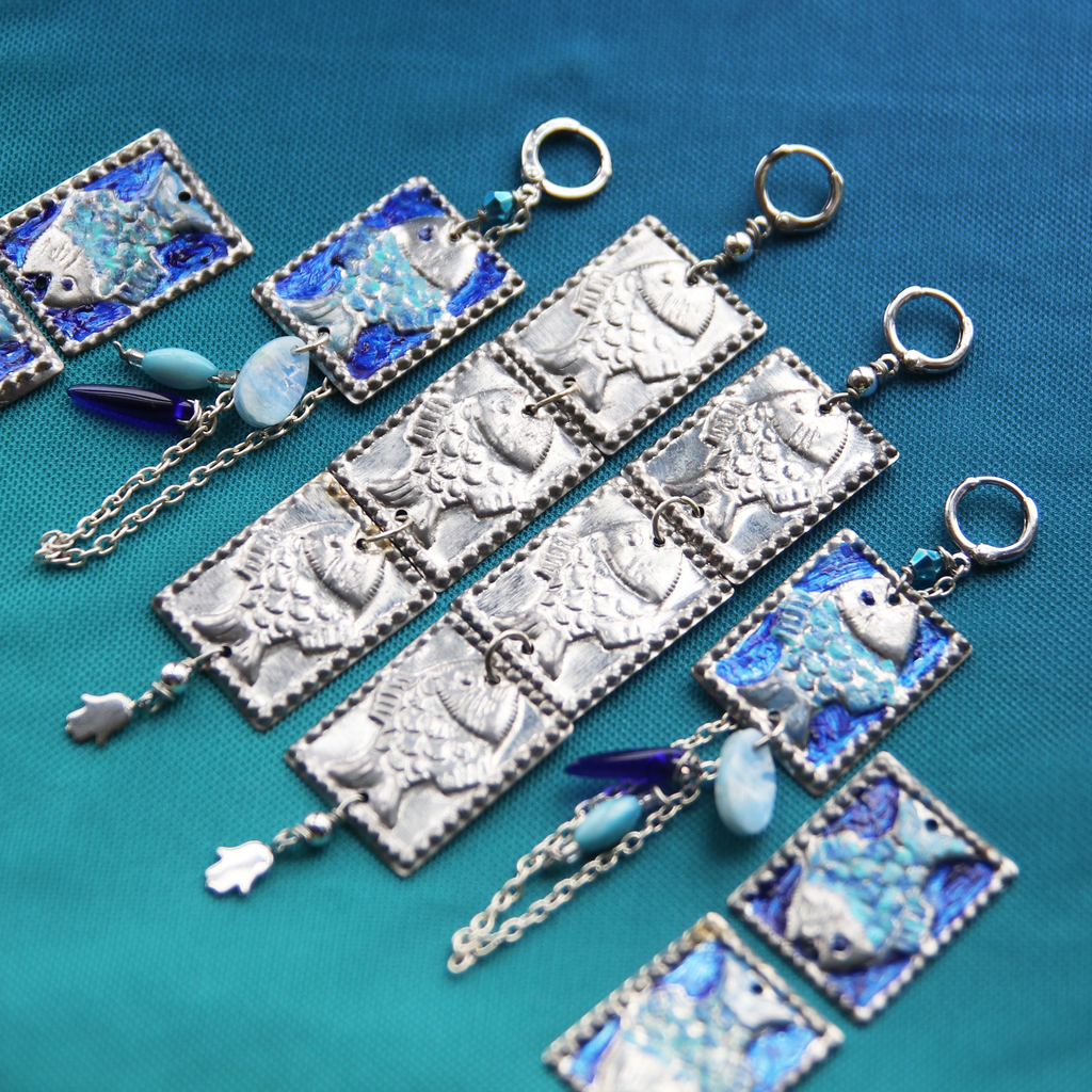 Regal Medieval Triple Fish Silver Hamsa Earrings