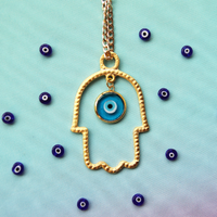Gold Hamsa Statement Necklace with Glass Turqoise Evil Eye