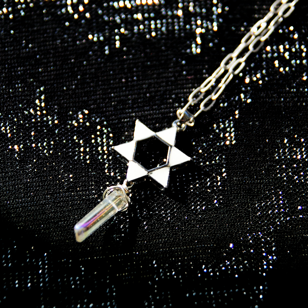 Silver and Shimmering White Magen David with Polished Quartz Point