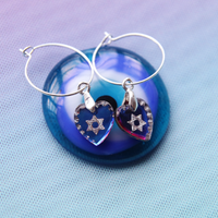 Iridescent Midnight Magen David Glass Heart Amulet Silver Hoop Earrings