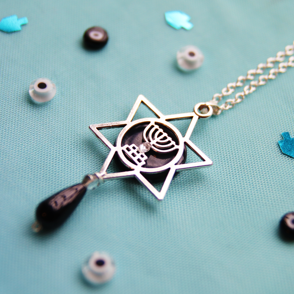 Night Sky Black Shell and Pearl Menorah Mayim Magen Necklace