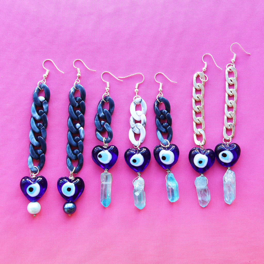 Let's Link Up Glass Heart Gemstone and Pearl Evil Eye Earrings