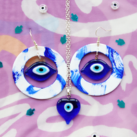 Blue and White Clay and Glass Evil Statement Earrings