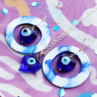 Clay and Glass Evil Eye Heart Statement Earrings