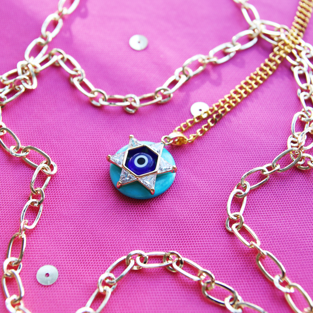 Eye Love the Sea Blue Shell and Evil Eye Magen David Necklace