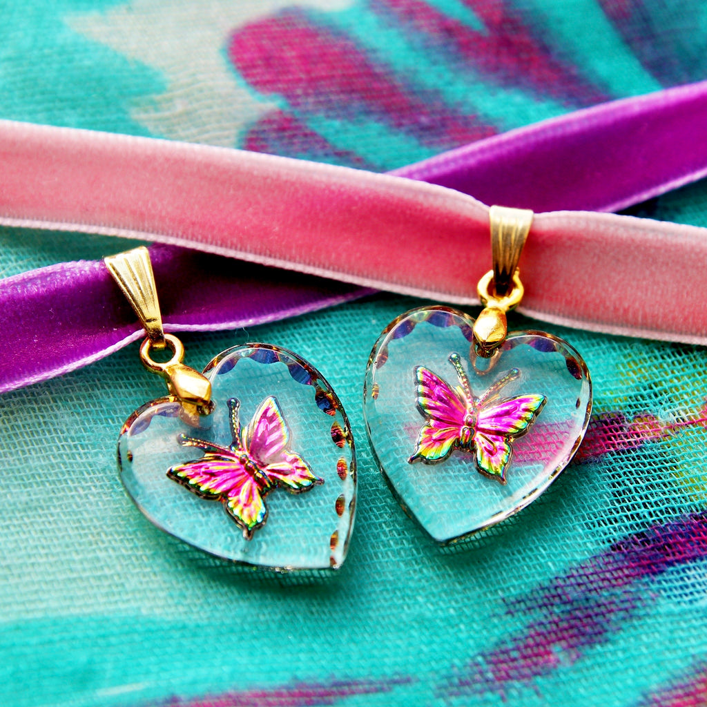 Iridescent Pink Sunset Butterfly Glass Heart Amulets