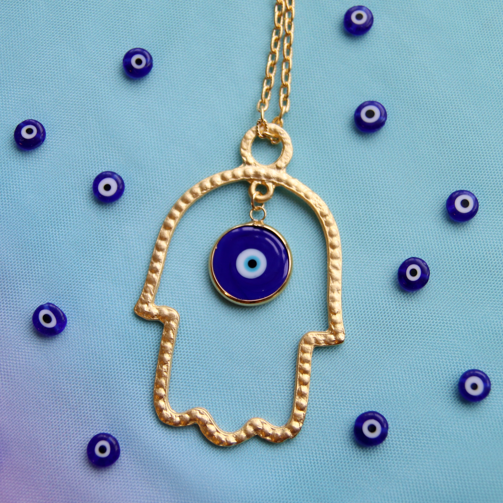 Gold Hamsa Statement Necklace with Glass Blue Evil Eye
