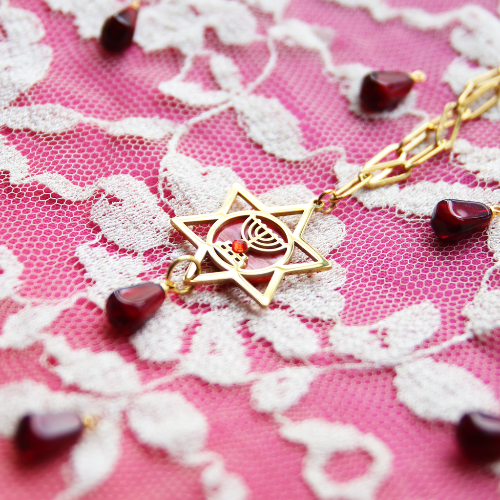 Once A Pom A Time Pomegranate and Gold Reversible Menorah Magen David Necklace