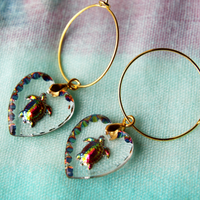 Tubular Turtle Iridescent Glass Heart Amulet Gold Hoop Earrings