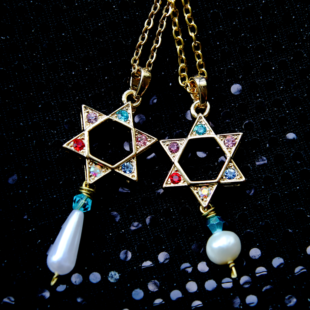 Jewish Prism Power Crystal and Pearl Magen David Necklace