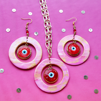 Malabi and Pomegranate Pink Swirl Evil Eye Zero Waste Gold Earrings