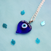 Silver and Blue Glass Evil Eye Heart Necklace