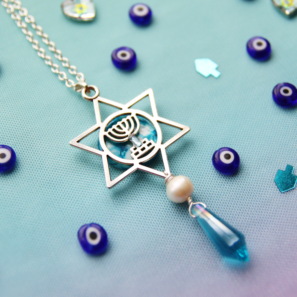 Mottled Turqoise Shell and Pearl Menorah Mayim Magen Necklace