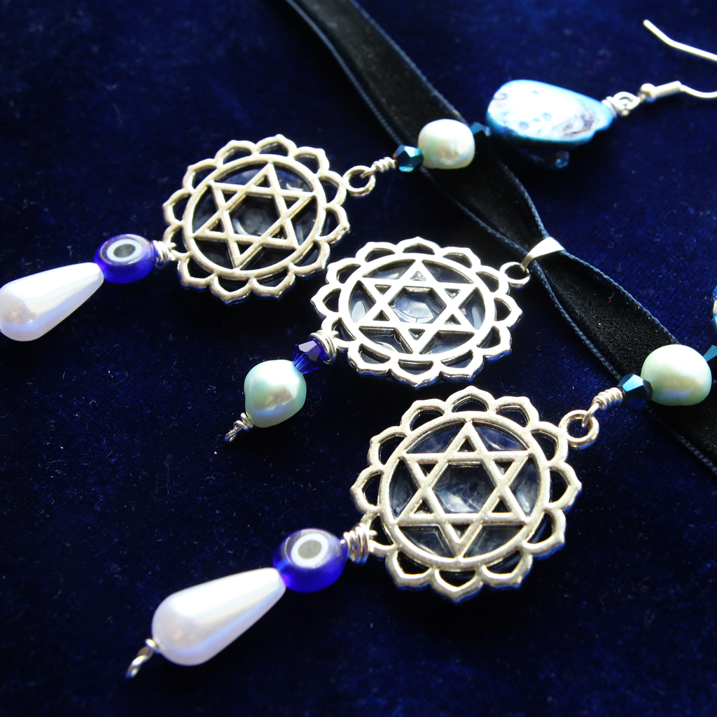 Sodalite-ful Shell, Pearl, and Crystal Magen David Earrings
