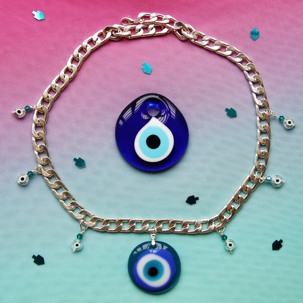 Blue and White Evil Eye Protective Silver Statement Necklace
