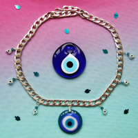 Transparent Sea Blue Evil Eye Protective Silver Statement Necklace